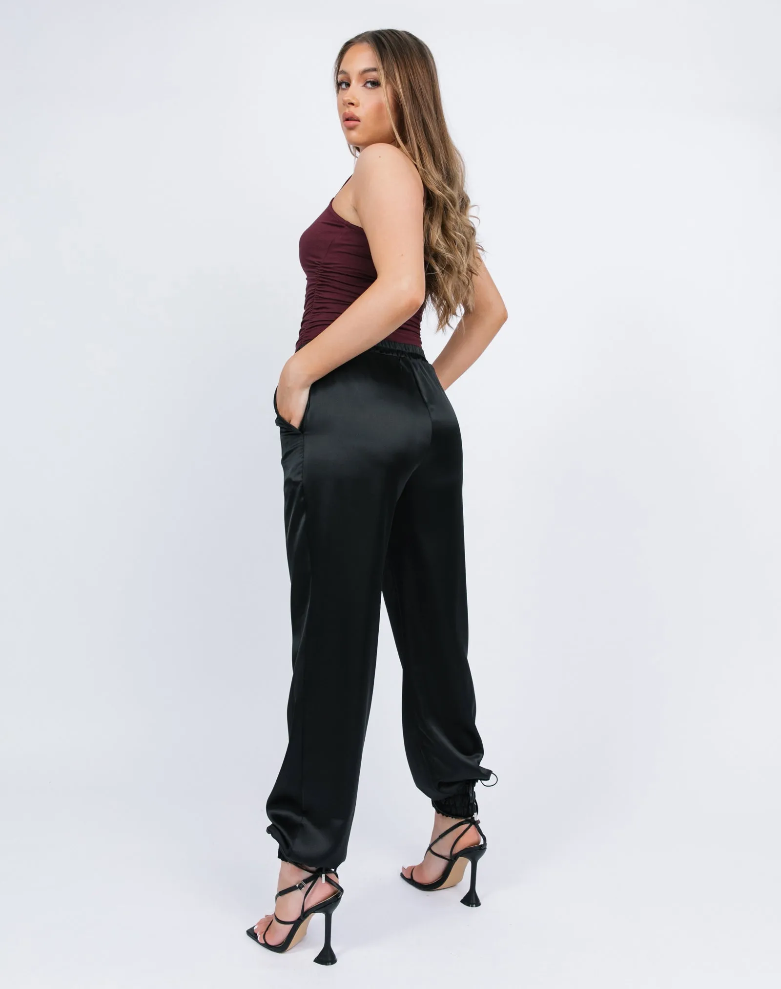 Satin Jogger Trousers in Black | Kyla